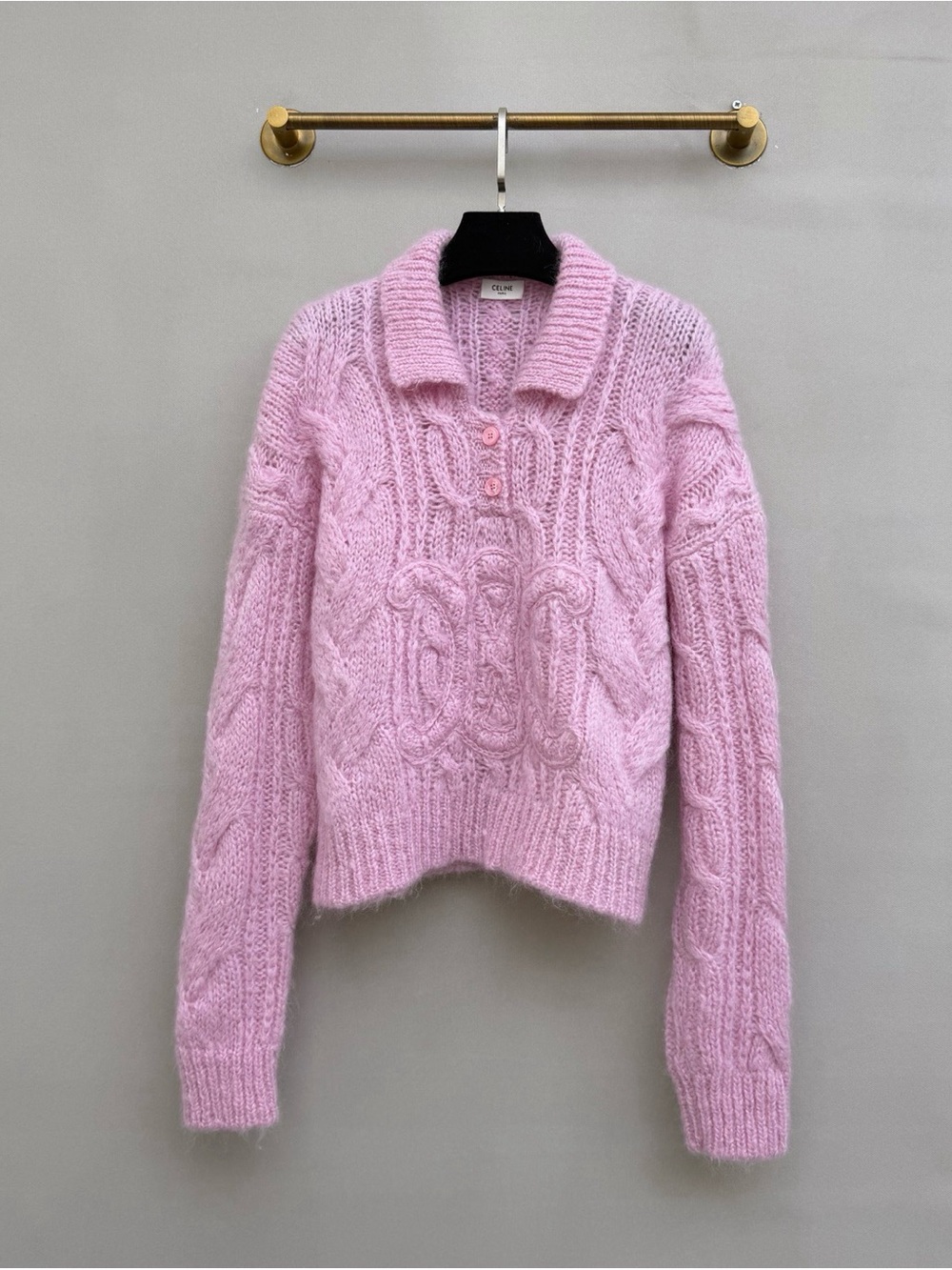 Celine Light Pink Cable-Knit Mohair Polo Sweater